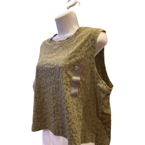 All In Motion XXL Sleeveless Boxy Fit Cropped Olive Green Floral Tank Top - Picture 3 of 8